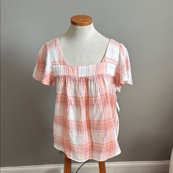 NWT!! Caslon - Stripe Cotton Popover Top In Ivory- Coral Nora Plaid - Medium - Picture 2 of 8
